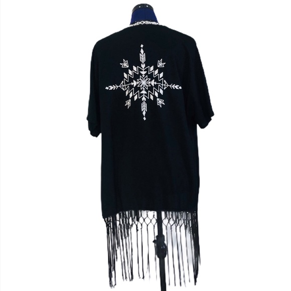 Sweaters - Black and White Embroidered Fringe Shawl Cardigan